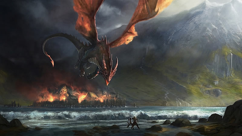 Les dragons de Tolkien Smaug attaquant Esgaroth